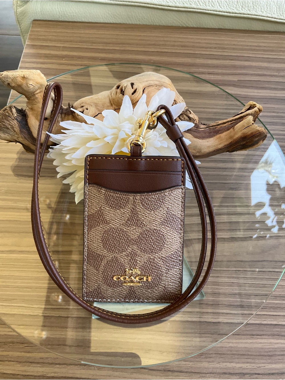 Coach Brown Signature ID Lanyard with Gold Hardware